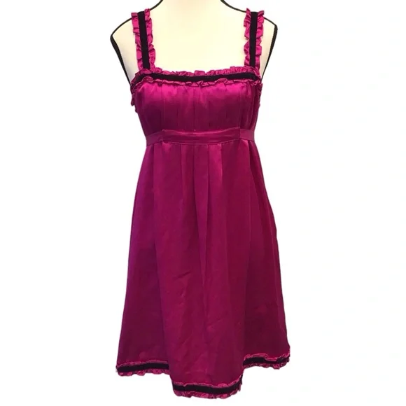 Y2K Vintage Betsey Johnson Dress 100% Silk Babydoll Velvet Ruffle Straps  Magenta